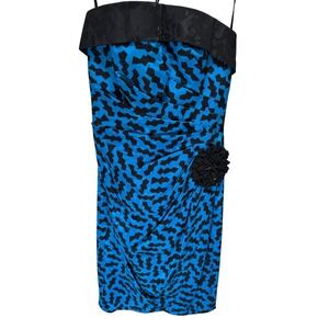 A.J. Bari Strapless Silk Dress Sz 4 Blue Black Geometric Vintage Cocktail 80s
